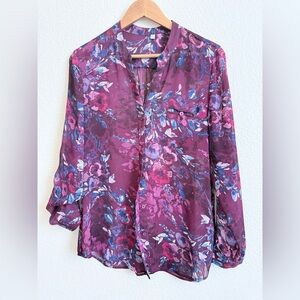 Sheer Floral Button-Front Blouse | Plum & Berry Tones | Size M